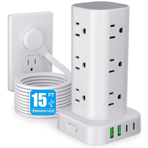 Power Strip Tower with Multiple Outlets, Flat Plug Surge Protector Tower Extension Cord with 12 AC Outlets 4 USB Ports (2 USB C), 15FT Cord Power Tower Surge Protector for Home Office Dorm Room, White - color: White, size: 15FT