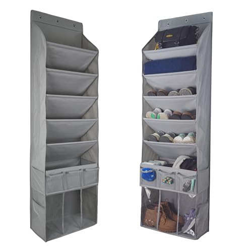3in1 Over The Door Shoe Organizer with 5 Slanted Compartments,Removable Storage Bin & Transparent Pockets,Thickened Waterproof Oxford Fabric Shoes Rack for Shoes,Boots,Toys,Daily Essentials. (Grey) - color: Grey