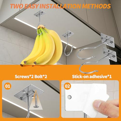 2PCS Banana Hook Under Cabinet,Adhesive Bananas Hanger with Fordable Design,Durable Metal Banana Holder for Hanging Bananas,Kitchen Organization Or Multi-Purpose Home Us(Silver) - size: 2 Pieces
