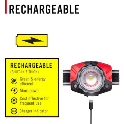 Coast® FL85R 1000 Lumen Tri-Color (White/Red/Green) Focusing Rechargeable LED Headlamp, Built-in Rechargeable Battery