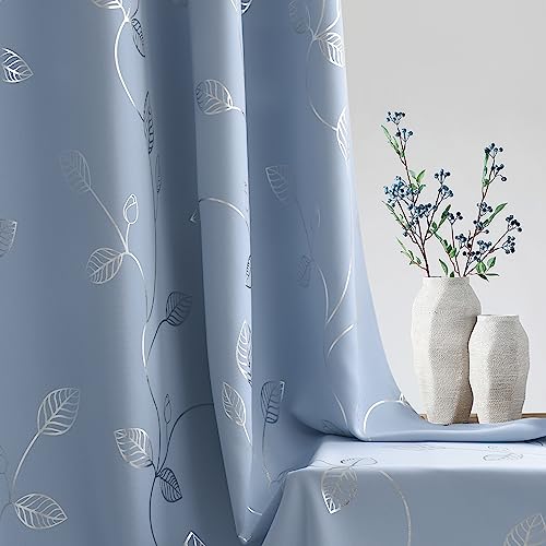BUHUA Heat Blocking Curtains, Black Out Curtains 63 Inch Long 2 Panels Burg, Soundproof Curtains with Silver Leaf Printed (52 x 63 Inch, Baby Blue, Set of 2 Panels) - color: Silver Leaf /Baby Blue, size: 52"W x 63"L (Pack of 2)
