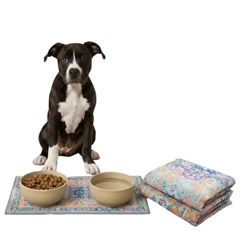 Lovewag Pets Waterproof 2-Pack Pet Feeding Mats - 16" x 24" Premium Cat & Dog Food Mat - Non-Slip, Machine Washable Mat Protects Floors & Contains Water Bowl Spills - Place Mats (Marmalade Sunshine) - color: Marmalade Sunshine