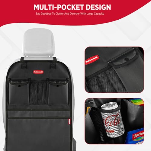 Rubbermaid Backseat Car Organizer, Kick Mats and Seat Back Protector, Car Organizer for Kids with 6 Storage Pockets, Travel Essentials for SUV, Truck, Car - 2 packs Black