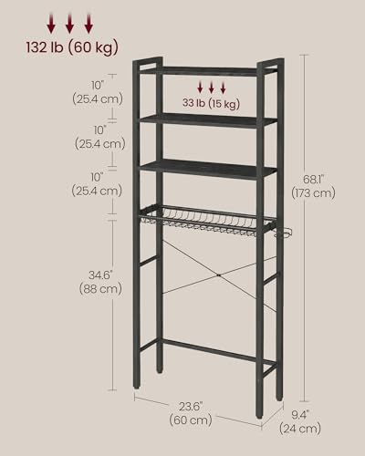 VASAGLE BARNET Collection - Over the Toilet Storage, Over Toilet Bathroom Organizer with Adjustable Shelves and Basket, 3 Hooks, Space Saving, 9.4 x 23.6 x 68.1 Inches, Ebony Black UBTS114BE01S - color: Ebony Black, style: 4 Tiers (68.1" H)