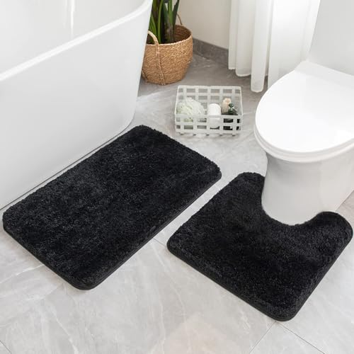 MIULEE Black Bathroom Rugs Set 2 Piece, Soft Absorbent Microfiber Bath Mat and U-Shaped Contour Toilet Rug, Non Slip Quick Dry Washable Plush Shaggy Bath Rugs for Bathroom，20"x20"+16"x24" - color: Black, size: U 20''x20'' + 16''x24''