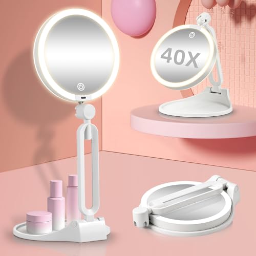 Travel Magnifying Makeup Mirror with Lights, Dual Sided 1X/40X Lighted Magnifying Mirror, Rechargeable 3 Colors Dimming Lighting, Large Size of 6inch, Foldable Design, 360°Angle Adjustable - color: 40x-white