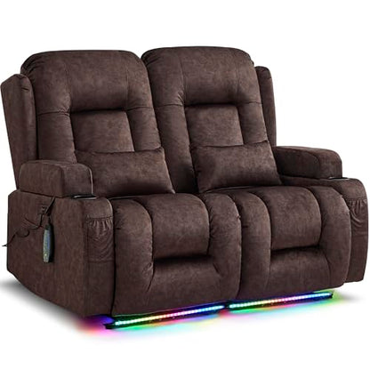 URRED Power Loveseat Recliner Sofa with Massage and Heat, Wall Hugger Reclining Loveseat, RV Couch Home Theater Seating with LED Lights for Living Room (Brown, 54" - 2 Seats) - color: Brown, size: 54" - 2 Seats