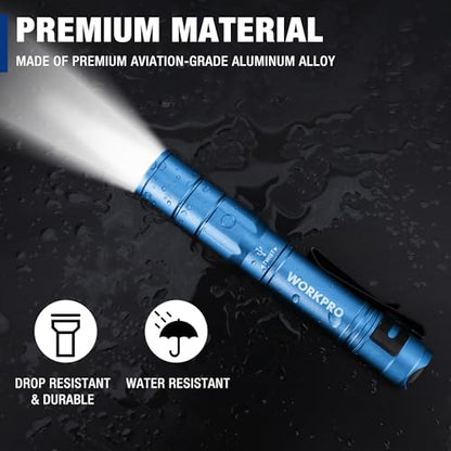 WORKPRO Rechargeable Pen Light, Mini Flashlight, 2 Pack Ultra-Compact EDC Flashlight, Pocket Flashlight with Clip, Memory Function and 2 x USB C Cable Included, Blue - color: Blue