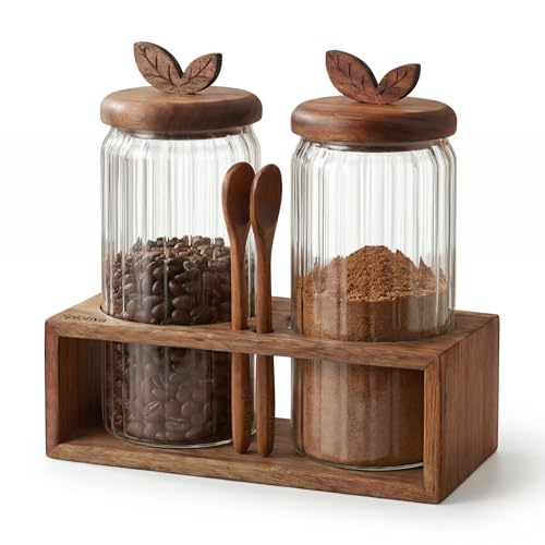 Coffee Bar Glass Canister Set of 2, Airtight Glass Storage Jars with Acacia Wood Lids, Spoons and Organizer Tray for Coffee Beans, Sugar, Tea and Kitchen Counter (2 x 34floz)