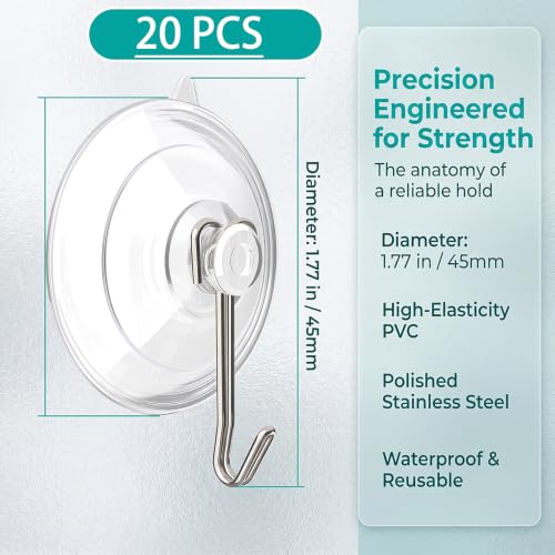 20 Suction Cup Hooks, Reusable Transparent PVC Suction Cups with Metal Hooks, Suitable for bathrooms, Kitchens, and Towel Jackets - color: 20 suction cup hooks transparent