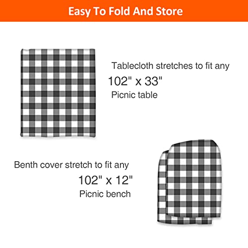 8.5ft Picnic Table and Bench Cover, Camping Essentials RV Gear, 102 in Waterproof Windproof Outdoor Elastic All Around Tablecloth, Fitted Rectangle Tables and Seats, Black-White Checkered - color: Black-white Checkered, size: 102"
