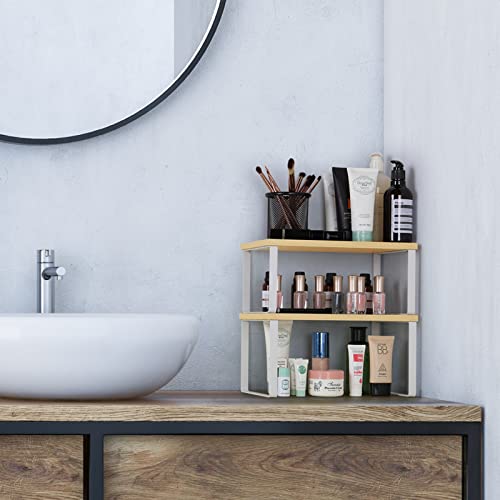 Counter Shelves Set of 4 Stackable Kitchen Cabinet Organizer Shelf and Expandable Wood Countertop Shelves for Bathroom Study Room, White - color: White