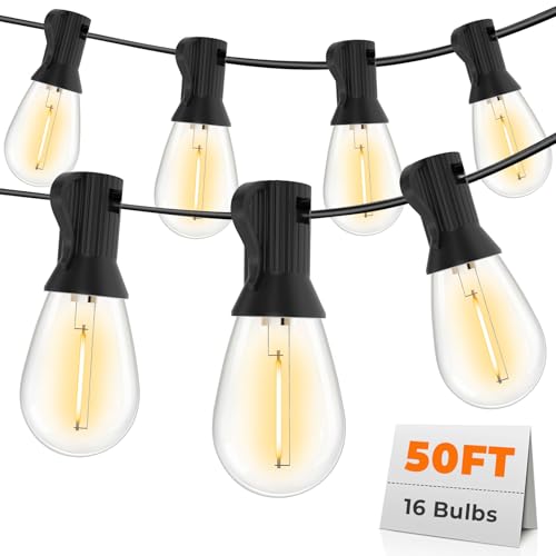 GvvooHome 50FT LED Outdoor String Lights with 16 Shatterproof Waterproof Replaceable Bulbs(1 Spare), 2700K Commercial Grade Patio Lights, Outside Hanging Light for Yard Garden Porch Deck Decor - size: 50FT