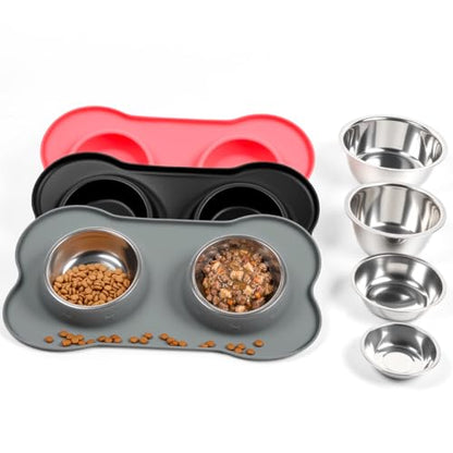Conlun Dog Bowls with Silicone Feeding Mat,No Spill Food Water Dish Set,Dishwasher Safe,2 Stainless Steel Puppy Bowls with Dogs Bandanas,Suitable for Tiny Pets Under 8lbs,Extra Small,Grey - color: Grey, size: Extra Small-5 oz