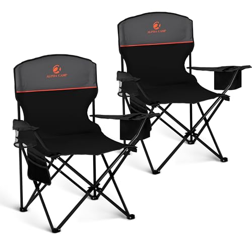 LET'S CAMP Camping Chair 2 Pack Folding Chair with 4-Can Cooler Bag Portable Lawn Chair with Cup Holder,Storage Pocket, Supports 250LBS, Collapsible Chair for Camp, Beach, Picnic (Black) - color: Black
