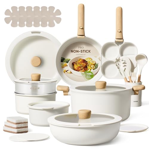 CAROTE 33pcs Pots and Pans Non Stick, Cookware Sets Detachable Handle, Induction Kitchen Pots and Pans, NonStick Cooking Set, Oven/Dishwasher/Fridge Safe, Space Saving - color: Cream White, size: 33 Piece