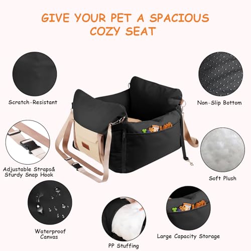 Dog Car Seats for Small Dogs, 2-in-1 Pet Booster Seat with Side-Zip Expandable Bed, Handles and a Storage Pocket, Clip-On Safety Leash and PP Cotton Filling, Vehicle Bed for Puppy up to 25 lbs (Black) - color: Black