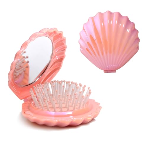 Metallic Shinning Finish Foldable Travel Hair Brushes with Mirror Shell Shape Portable Folding Pocket Hair Brush Mini Hair Comb Compact Size Hair Massage Comb (Pink) - color: Pink