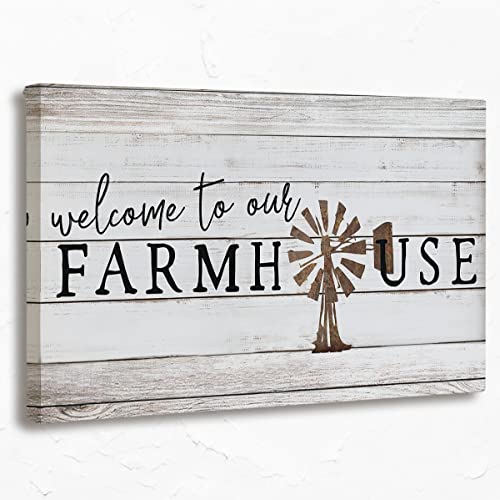 Tizzer Welcome To Our Farmhouse Sign Canvas Wall Art Prints,Windmill Wood Texture Paintings Prints,11x14 inches Artwork for Farm Themed Decor Farmhouse Outdoor Porch Living Room Home - color: Welcome To Our Farmhouse