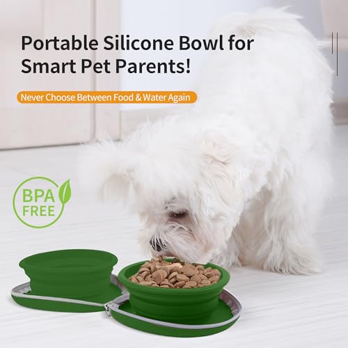 Collapsible Dog Bowls, 2-in-1 Travel Double Bowl Water Food Feeder Portable Pet Traveling Camping & Walking 25oz (Green) - color: Green