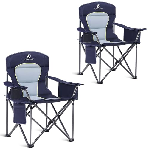 ALPHA CAMP Heavy Duty Camping Chair 500LBS Capacity, Oversized Folding Chair for Heavy People, Padded Portable Outdoor Chair with Cooler Bag & Cup Holder for Camping, Fishing, Beach - color: Blue-2pc, size: 2PC