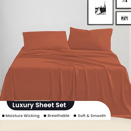 SGI bedding Full Bed Sheets Set – Premium 600 TC Egyptian Cotton, Crisp & Cooling Sateen Weave, Extra Soft Hotel Collection, Fits Mattresses Up to 16 Inch Deep, Breathable & Long Lasting – Terracotta - color: 15 - Terracotta, size: Full