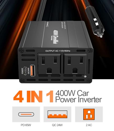 400W Car Power Inverter 12V to 110V AC｜24W+65W USB C, Laptop Charger | 65w Fast Charger,2 AC Output,Aluminum alloy casing - color: BLACK