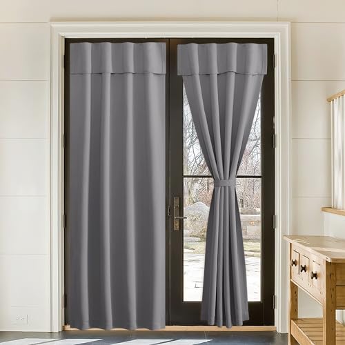 NICETOWN No Drill Self Adhesive Blackout Door Curtain Grey 36" W x 72" L, Privacy Window Cover for Nursery Privacy French Front Door Curtain for Doorway/Patio/Living Room, 1 Panel - color: Grey, size: 36"W x 72"L (Pack of 1)