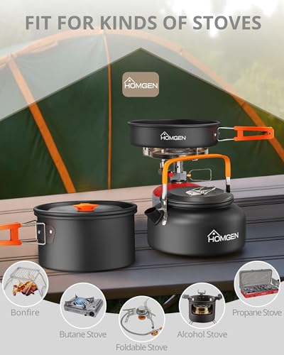HOMGEN Portable Camp Cooking Set-Ultralight Anodized Aluminum Camping Cookware Set for 2 People with Nesting Non-Stick Frying Pot/Pan-800ml Insulated Teapot etc-Compact Backpacking Gear for Camping