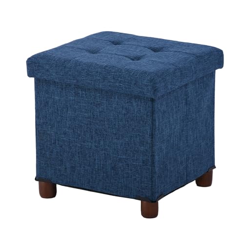 15 Inch Storage Ottoman with Wooden Legs - Cube Foot Rest Stool, Square Footstool, Comfortable Seat with Lid, Foldable Fabric Ottoman, Space-Saving Navy - color: Squ Blue