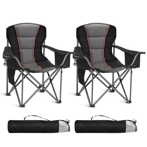 HIGH POINT SPORTS Oversized Folding Camping Chair, Heavy Duty Portable Camp Lawn Chairs, Folding Chairs for Outside with Cup Holder and Cooler Bag for Travel, Beach Support 450 LBS, 2 Pack, Black - color: Black, size: Twin Pack