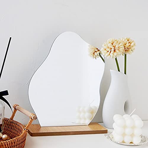 Irregular Aesthetic Vanity Mirror, Frameless Acrylic Decorative Desk Tabletop Mirror with Wooden Stand Funky Makeup Mirror for Living Room Bedroom and Minimal Spaces Home Decor (Cloud Shape), White