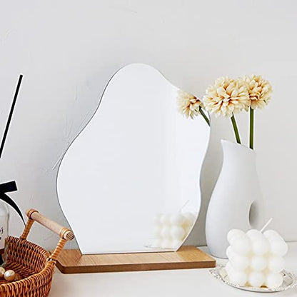 Irregular Aesthetic Vanity Mirror, Frameless Acrylic Decorative Desk Tabletop Mirror with Wooden Stand Funky Makeup Mirror for Living Room Bedroom and Minimal Spaces Home Decor (Cloud Shape), White