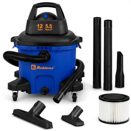 Koblenz WD-12 L4 Wet Dry Vacuum Cleaner, 12 Gallon 5.5 PHP, 3-in-1 Suction & Blower, 32 ft Reach, Drain Plug, Large Vacuum Cleaner for Car, Shop Vacuum Wet and Dry, Click-N-Lock Hose, Blue/Black - size: 12 Gallon 5.5 HP