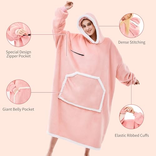 IFNOW Wearable Blanket Hoodie, Oversized Sherpa Fleece Hooded Sweatshirt with Eye Mask, Cozy and Giant Blanket Hoodie with Sleeves Extra Long for Adults Men Women, Pink - color: Pink, size: Adult