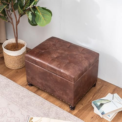 Joveco Leather Storage Ottoman, 24" Rectangle Tufted Square Upholstered Bench, Foot Rest Stool with Wood Legs, Footstool for Living Room Bedroom, Coffee - color: Coffee