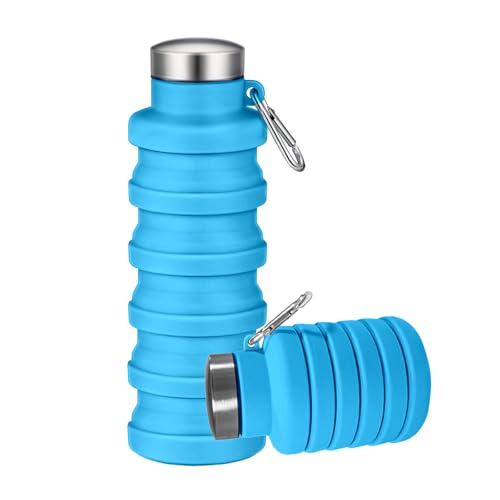 Collapsible Water Bottles,16oz Capacity Portable Reusable Silicone Water Bottle,Leak-proof,with buckle,foldable storage,Lightweight Durable for Fitness,Cycling,Sports,Camping,Hiking，Blue - color: Blue