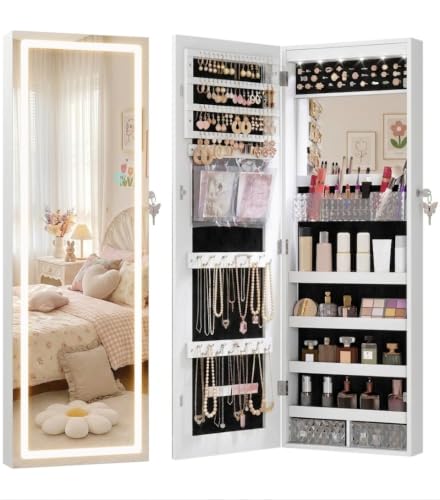 LVSOMT LED Mirror Jewelry Cabinet Wall Mounted, Over the Door Jewelry Organizer, Lockable Full Length Mirror with Storage, Hanging Jewelry Armoire for Earrings Necklaces Rings, Gift for Women, White - color: White-1