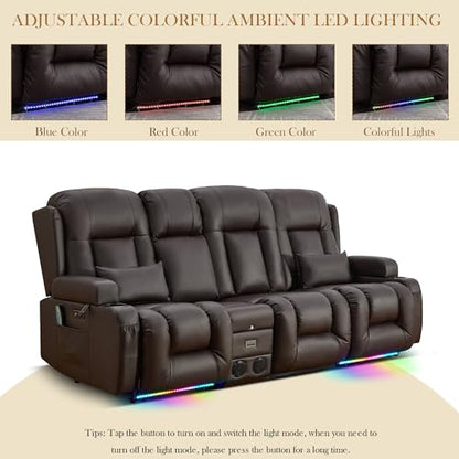 TUNYI Power Loveseat Recliner Sofa with Massage & Heat Home Theater Seating with Console RV Recliner Loveseat Sofa with USB/Storage/Side Pocket/LED Light/Speaker (Brown, 3 Seat with Console) - color: Brown, size: 3 Seat with console