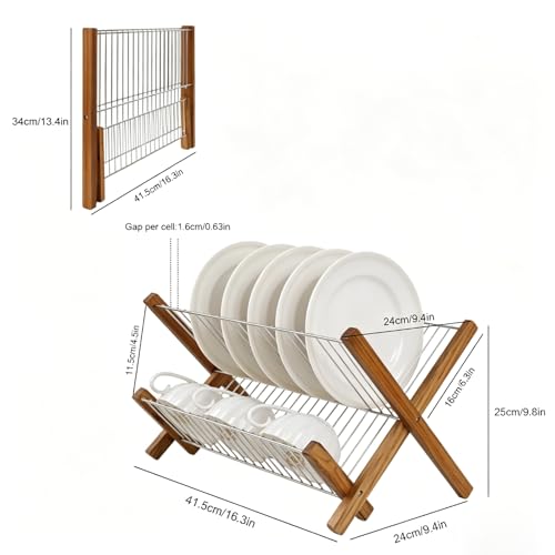 HTB Dish Drying Rack 2 Tier,Collapsible Stainless Steel & Teak Wood Dish Drying Rack,Foldable Dish Drainer for Plates,Cups,Kitchen Counter,Home,Apartment