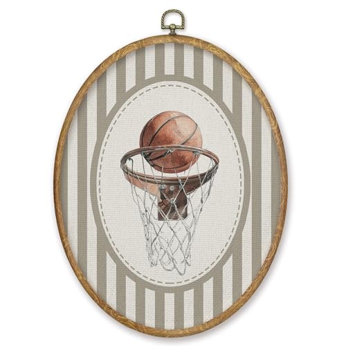 CGBHW Vintage Basketball Boy Nursery Oval Wall Art Decor Products, Sports Canvas Prints Framed, Neutral Striped Basketball Hoop Wall Art Hanging Decor for Home Kids Boy Nursery Room Playroom, 8.6x11.4 Inch - color: Colour12