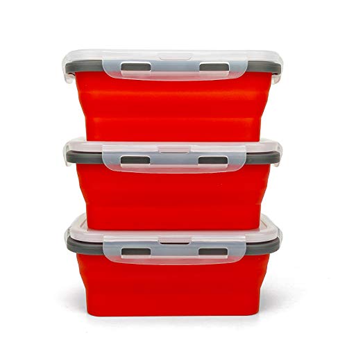 CARTINTS Set of 3 Collapsible Food Storage Containers with Lids, Collapsible Silicone Bowls, Silicone Lunch Containers, For Meal Prep, Camping, Travel, Microwave and Freezer Safe,500ml,Red - color: red