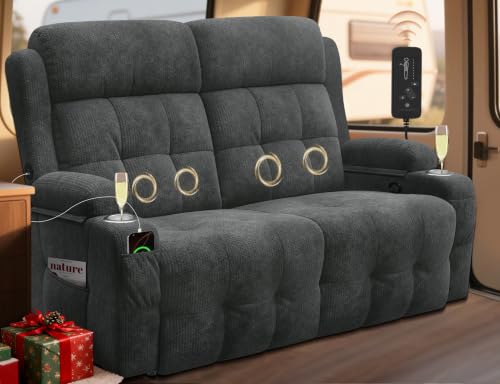 RV Loveseat Recliner Sofa, Reclining Loveseats Couch for RV Furniture, Home Theater Seating with Massage, USB, Insert Pockets, Cup Holders, 150° Wall Hugger RV Recliners Sleeper Sofa - color: Velvety Gray, size: Loveseat-G1