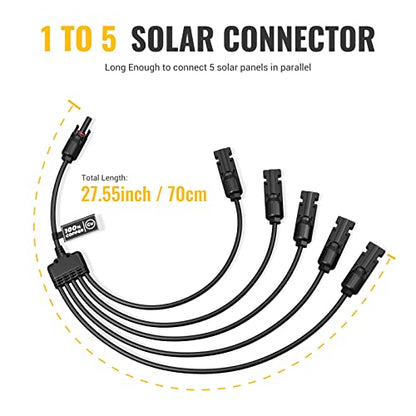 BougeRV Solar Y Connector Solar Panel Parallel Connectors Extra Long 1 to 5 Solar Branch PV Adapter Cable Wire Plug Tool Kit (M/FFFFF and F/Mmmmm) - size: 1 Pair/M/FFFFF and F/MMMMM