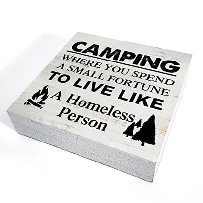 Camping Where You Spend a Small Fortune Wooden Box Sign - 5 x 5 Inch Desk Decor for Travel Trailer Camper - Rustic Wood Block Decor