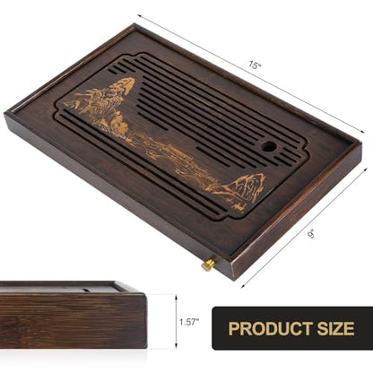 Jotsport 15 Inch Bamboo Kung Fu Tea Tray with Water Storage Drainage for Gongfu Tea Set Chinese Tea Ceremony Serving Table Set