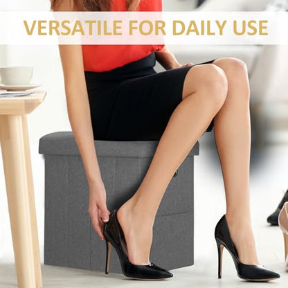 Tall Ottoman with Storage Collapsible Fabric Small Slim Folding Ottoman Furniture with Handles Lid for Room Footrest Foot Stool Linen Grey 16.5x16.5x11.8in - color: Grey