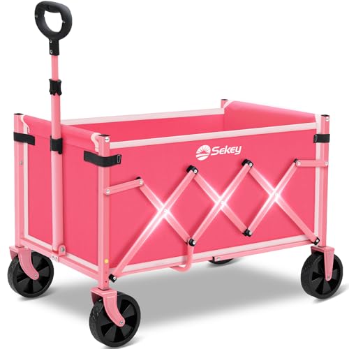 Sekey Wagon Cart with Wheels with 220LBS Capacity,Heavy Duty Wagon Carts Foldable,Lightweight Utility Portable Cart for Grocery, Shopping, Garden, Camping. Pink - color: Pink, size: 220 lbs