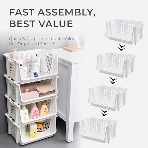 Large Stackable Storage Bins Open Front for Pantry Storage, 4 Pack - White | Sturdy Plastic, Easy Stacking, Open Front Access, Ventilated Sides, Vertical & Space Saving Pantry Organizers and Storage Bin