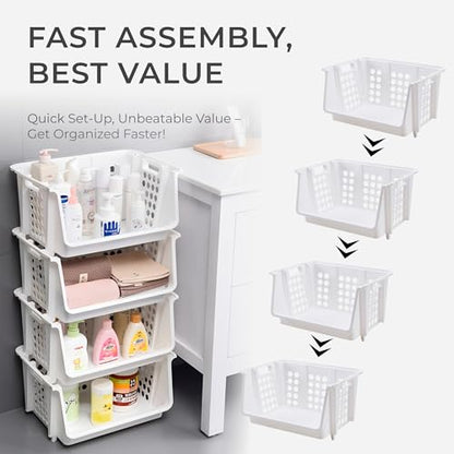 Large Stackable Storage Bins Open Front for Pantry Storage, 4 Pack - White | Sturdy Plastic, Easy Stacking, Open Front Access, Ventilated Sides, Vertical & Space Saving Pantry Organizers and Storage Bin